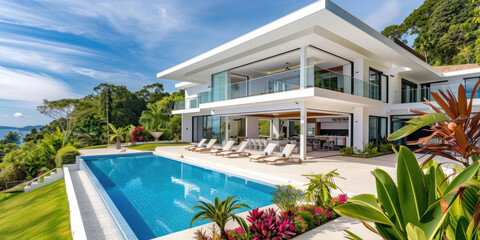 Exterior modern white villa with pool and garden, sea view, and many tropical plants