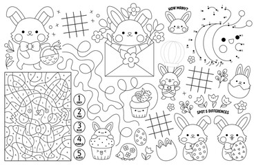 Vector kawaii Easter placemat for kids. Spring holiday printable activity mat with maze, tic tac toe charts, connect the dots, find difference. Black and white play mat, coloring page with bunny.