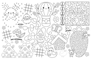 Vector kawaii Easter placemat for kids. Spring holiday printable activity mat with maze, tic tac toe charts, connect the dots, find difference. Black and white play mat, coloring page with bunny. - obrazy, fototapety, plakaty