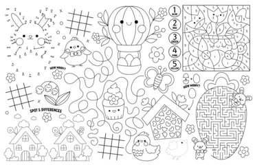 Foto op Plexiglas Vector kawaii Easter placemat for kids. Spring holiday printable activity mat with maze, tic tac toe charts, connect the dots, find difference. Black and white play mat, coloring page with bunny. © Lexi Claus