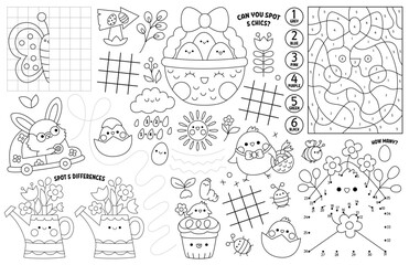 Vector kawaii Easter placemat for kids. Spring holiday printable activity mat with maze, tic tac toe charts, connect the dots, find difference. Black and white play mat, coloring page with bunny. - obrazy, fototapety, plakaty