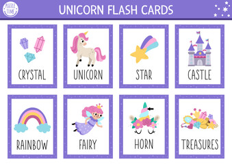 Fototapeta na wymiar Vector unicorn flash cards set with fairy, castle, rainbow. Fairytale English language game with cute characters for kids. Magic or fantasy flashcards. Simple educational printable worksheet.
