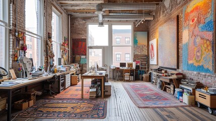 An expansive artist's loft that embraces its industrial roots, featuring tall windows, exposed brick, and a wealth of creative tools and artworks.