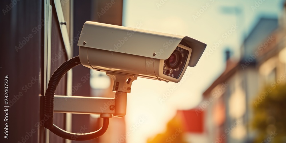 Poster A security camera mounted on the side of a building. Can be used to monitor and record activities for safety purposes