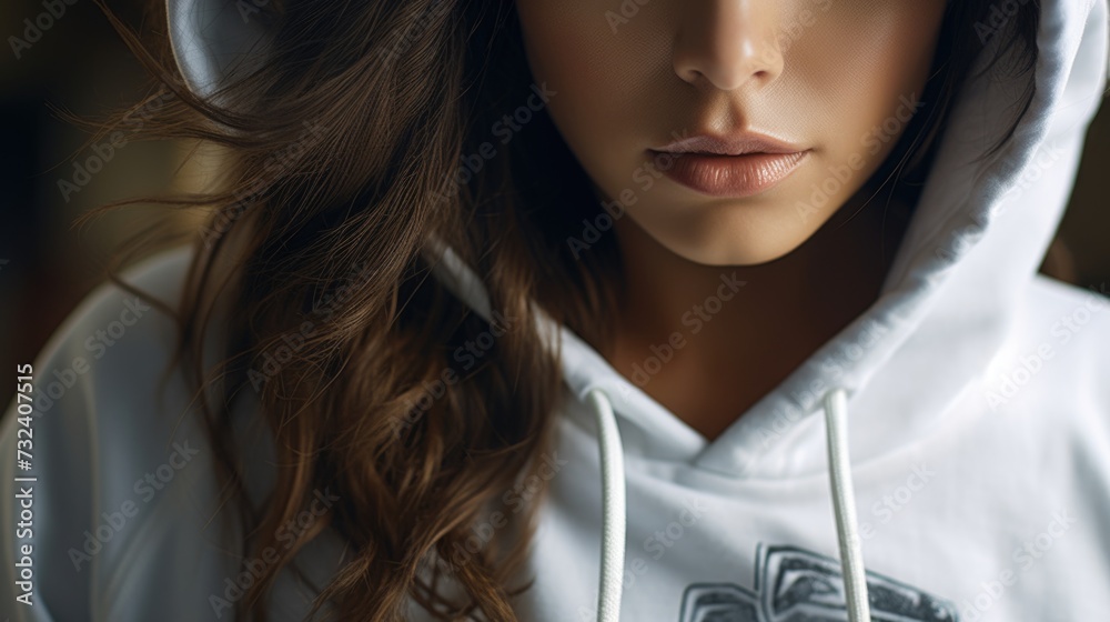 Poster a close up photo of a person wearing a hoodie. this image can be used in various contexts