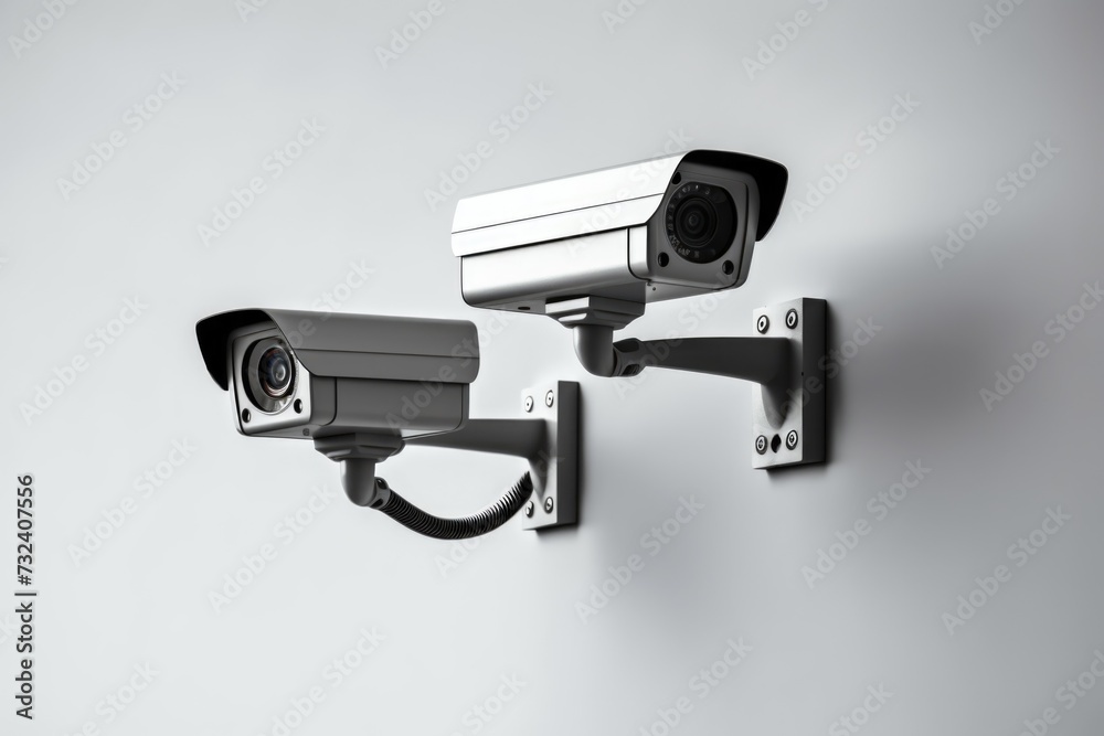 Poster two surveillance cameras mounted on the side of a wall. ideal for security and monitoring purposes