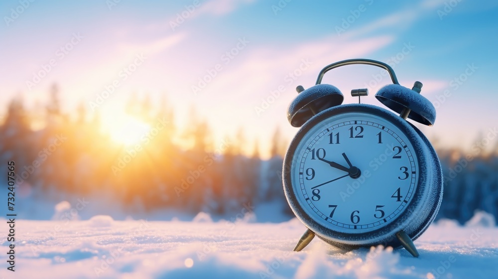 Poster an alarm clock sitting on top of a snow covered ground. perfect for winter and time-related concepts