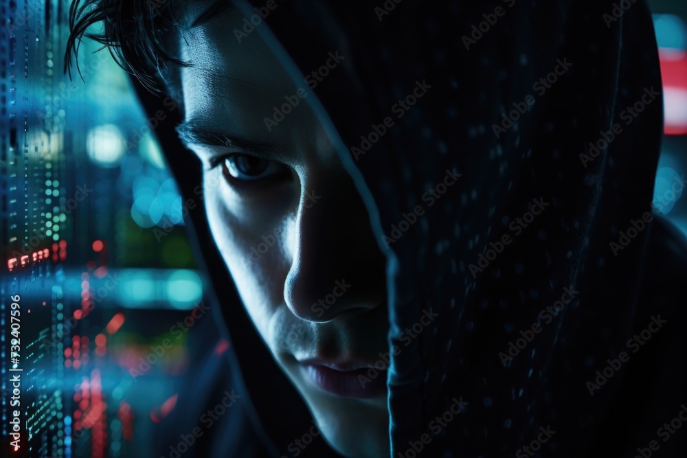 Poster a man wearing a hoodie is focused on the computer screen. this image can be used to illustrate techn