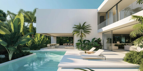 Exterior modern white villa with pool and garden, sea view, and many tropical plants