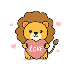 Cute lion holding heart. Vector illustration