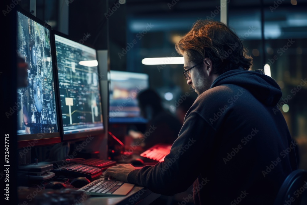 Poster a man is seen sitting in front of a computer monitor. this image can be used to depict work, technol