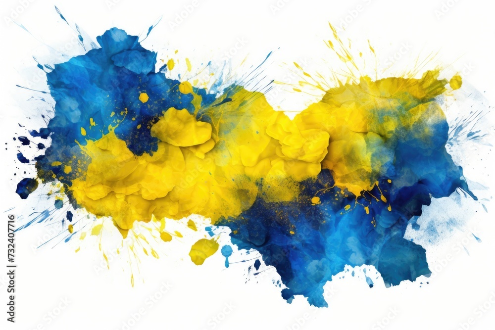 Poster A vibrant mix of yellow and blue paint splattered on a clean white background. Perfect for adding a pop of color to any project or design
