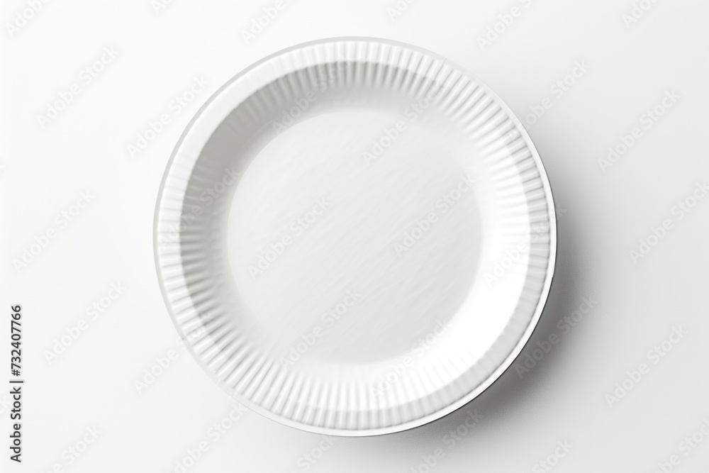Poster a white paper plate placed on a white surface. suitable for various food and dining related concepts