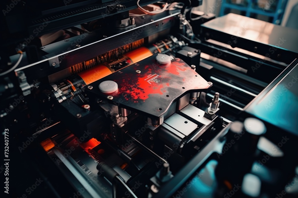 Leinwandbilder A close-up view of a printing machine with a distinctive red design. This image can be used to illustrate the process of printing or as a background for graphic design projects