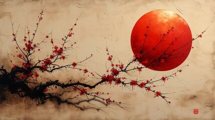 Blooming Branches: A Vibrant Painting of Cherry Blossoms and a Full Moon Generative AI