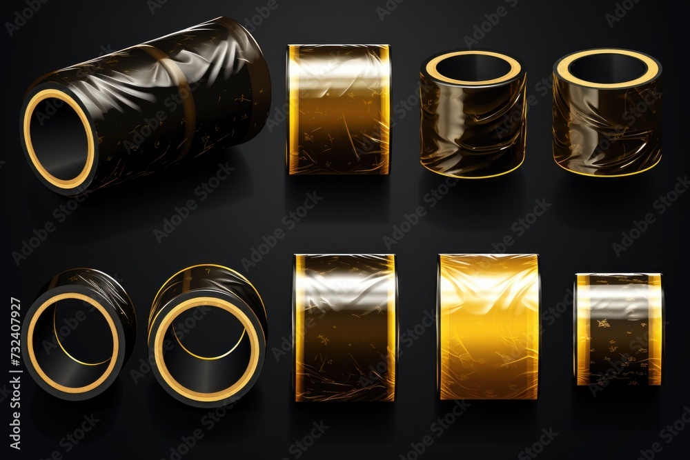 Poster a collection of black and gold foil wrapped items. versatile and elegant, perfect for adding a touch