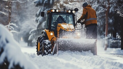 A man using a snow blower to clear snow in a wintry scene. Suitable for winter maintenance and snow removal concepts - obrazy, fototapety, plakaty