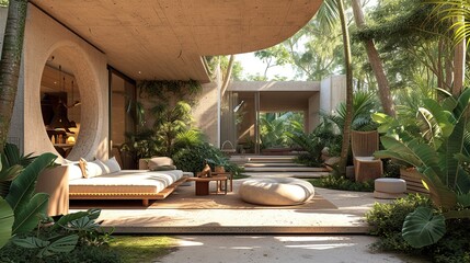 An inviting and serene tropical garden patio with modern furniture, lush greenery, and sophisticated architecture.