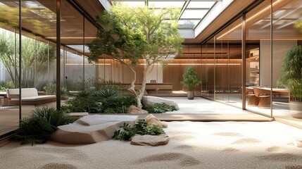 Fototapeta premium A peaceful, modern interior featuring a Zen garden, abundant natural light, and minimalist wood furniture.