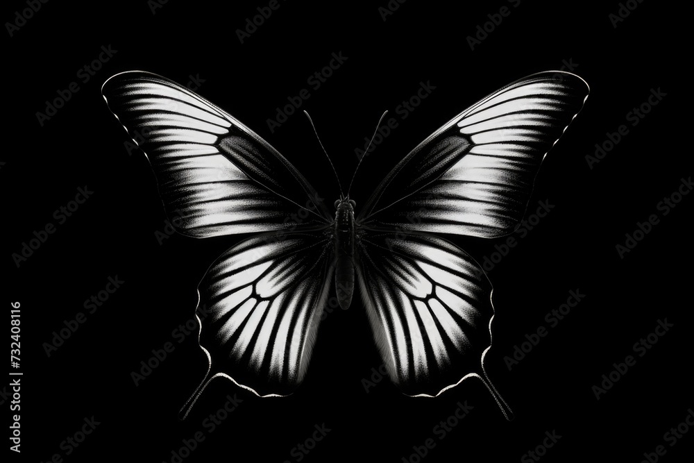 Poster a black and white butterfly captured against a black background. suitable for various design project