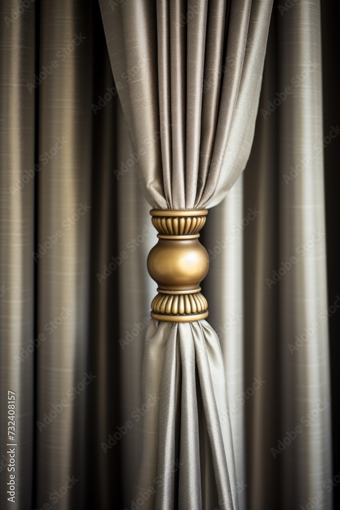 Poster A close-up view of a curtain with a gold rod. This image can be used to add an elegant touch to interior design or to showcase the details of window treatments