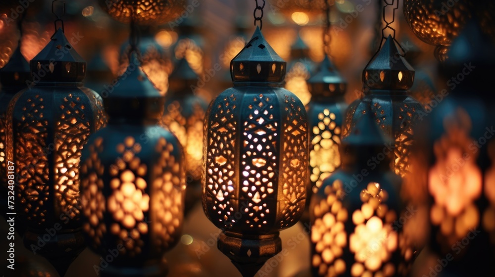 Poster A cluster of lights suspended from the ceiling, creating an ambient glow. Suitable for adding an elegant touch to interior spaces