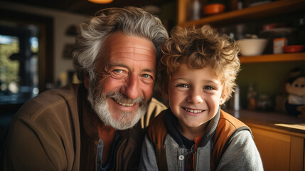 Portrait of grandfather and grandson on the house background. Concept of happy family