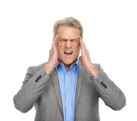 Angry, business man and headache with pain from burnout and work mistake in a studio. Mature, sales...