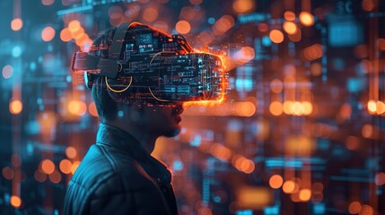 A person immersed in a futuristic virtual reality simulation, with glowing data graphics overlaying the real environment.