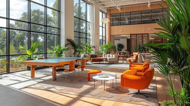 An expansive office lounge area featuring a ping pong table, plush seating, large windows with green views, and an array of indoor plants.