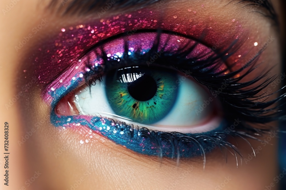 Aufkleber A close-up view of a person's eye with shimmering glitter. This image can be used to add a touch of sparkle and glamour to various projects