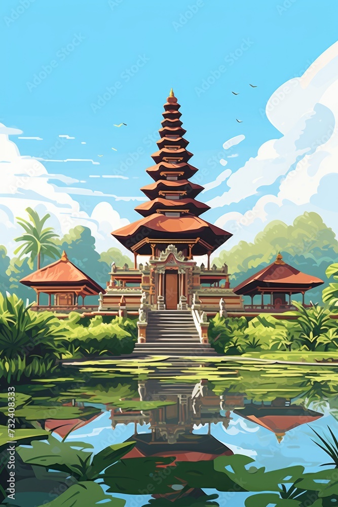 Aufkleber a painting of a pagoda situated in the center of a serene lake. perfect for adding a touch of tranqu