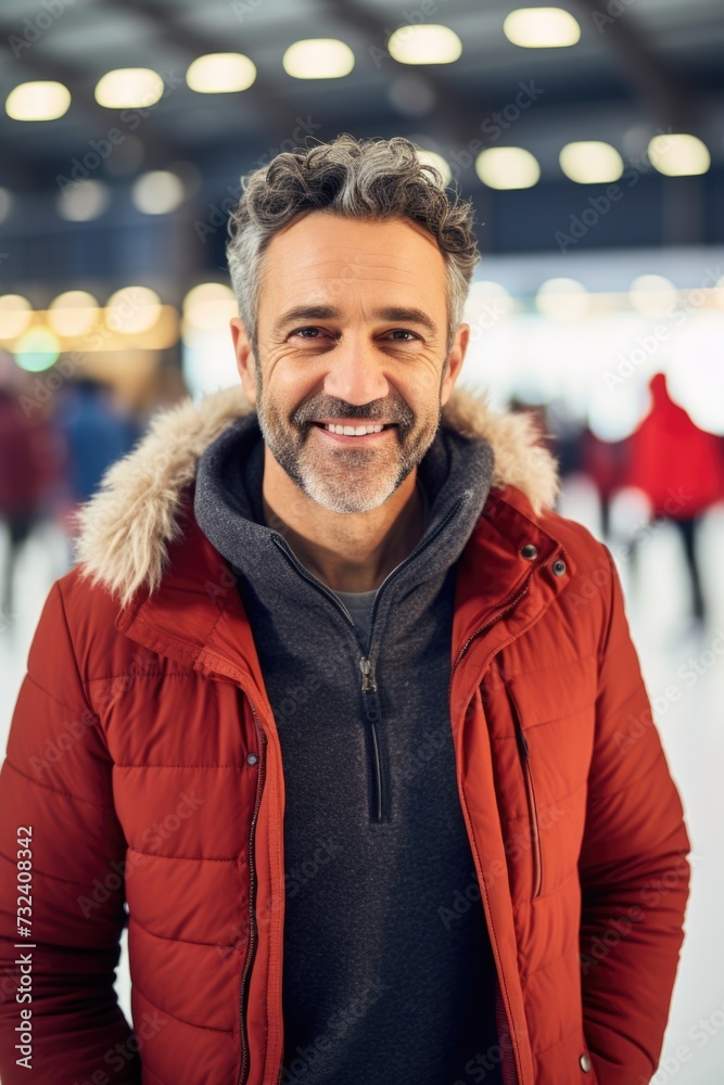 Poster a man wearing a red jacket with a friendly smile, looking directly at the camera. perfect for variou