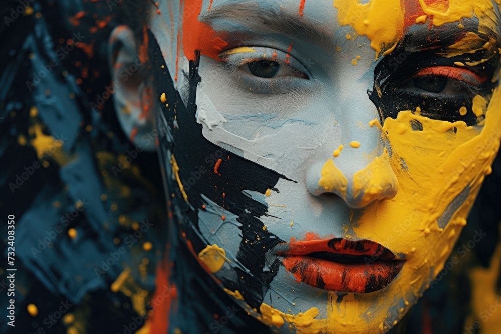 Poster close up shot of a person with paint on their face. this image can be used for various creative proj