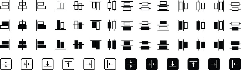 Align icons. Alignment symbol, buttons, signs. Alignment icons collection. Align icons set. Set of black editing and formatting icons. Editable stroke. Vector illustration