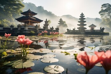 A serene pond with beautiful water lilies and a traditional pagoda in the background. Perfect for nature and travel-related designs