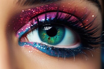 A close-up view of a person's eye with shimmering glitter. This image can be used to add a touch of sparkle and glamour to various projects