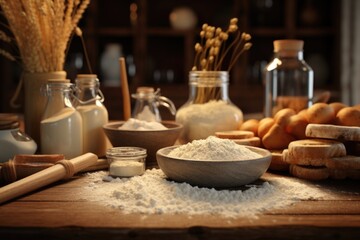 Fototapeta premium A wooden table with a bowl of flour. Perfect for baking and cooking projects
