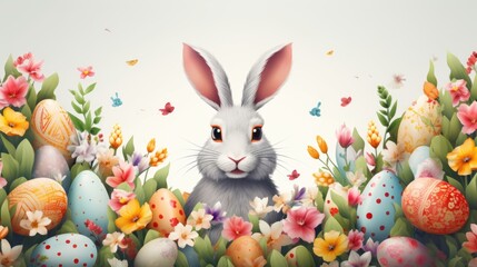 A rabbit sitting peacefully in the middle of a field of colorful flowers. Perfect for nature and animal lovers.