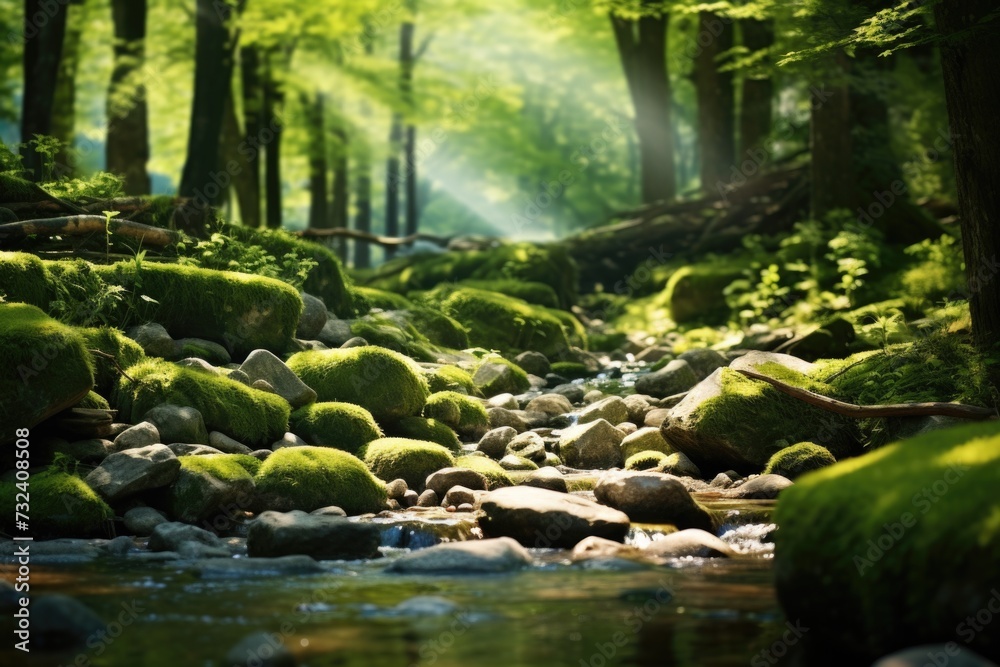 Poster a picture of a stream running through a beautiful, green forest. ideal for nature-themed designs and
