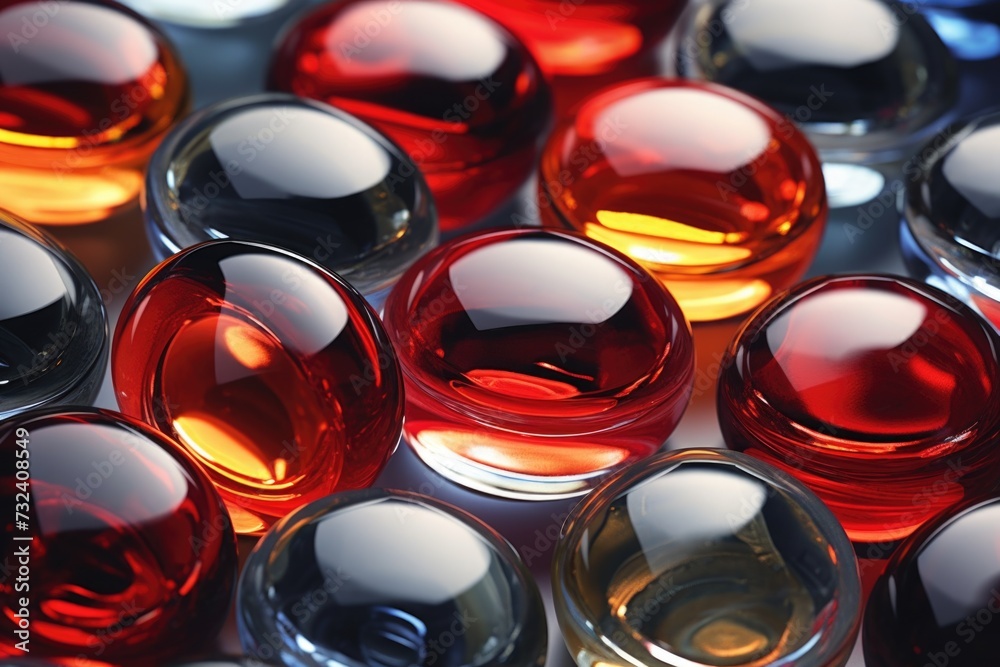 Poster a close up view of a variety of glass spheres in different vibrant colors. this image can be used fo