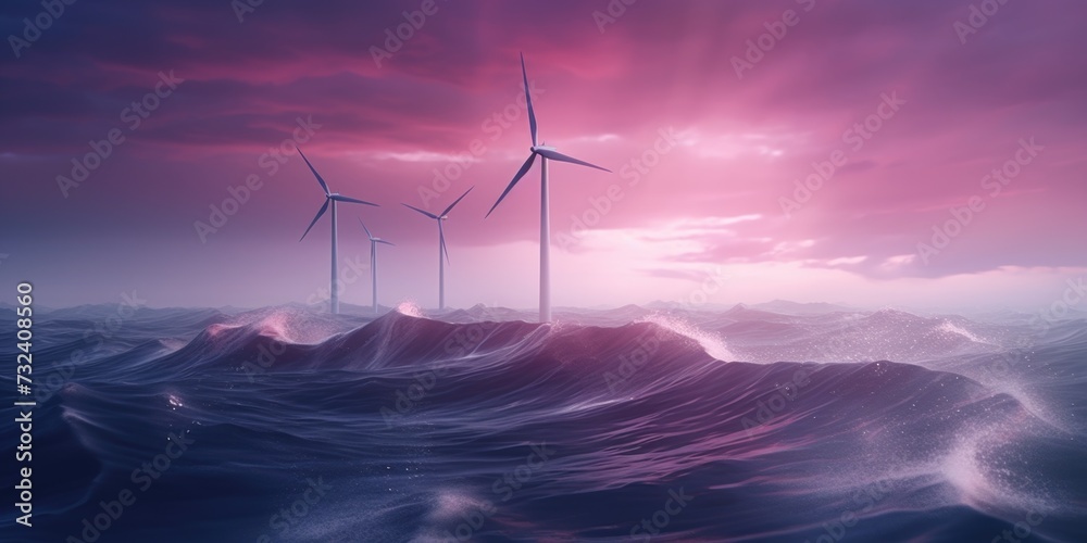 Poster wind turbines placed on a wave. suitable for renewable energy concepts