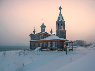 Cool winter Cherdyn, Trinity settlement, Cherdyn wooden Kremlin. Russia.