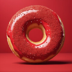 Delicious donut with sweet jam and sprinkled sugar on red background
