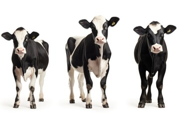 Three black and white cows standing next to each other. Suitable for agricultural and farming themes