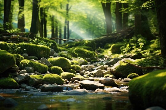 A picture of a stream running through a beautiful, green forest. Ideal for nature-themed designs and projects