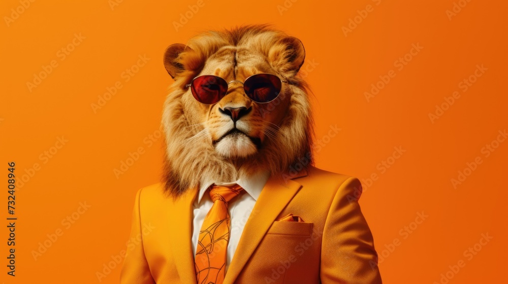 Poster lion wearing a suit and sunglasses against a vibrant orange background. perfect for adding a touch o