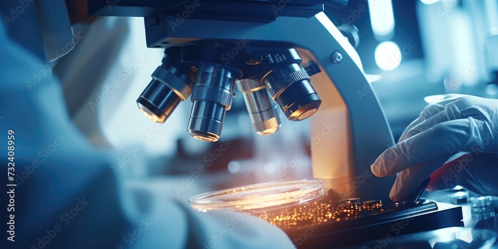 Poster A person in a lab coat is using a microscope. This image can be used to depict scientific research, laboratory work, or education