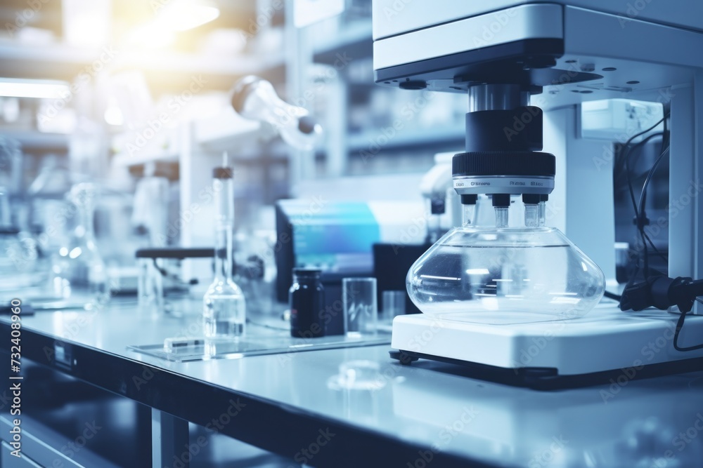 Poster a laboratory with an abundance of glassware on the counter. perfect for scientific research and expe