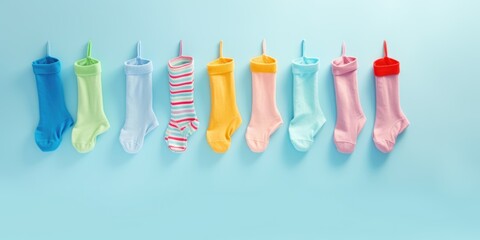 A row of socks hanging on a clothesline. Perfect for showcasing laundry or household concepts